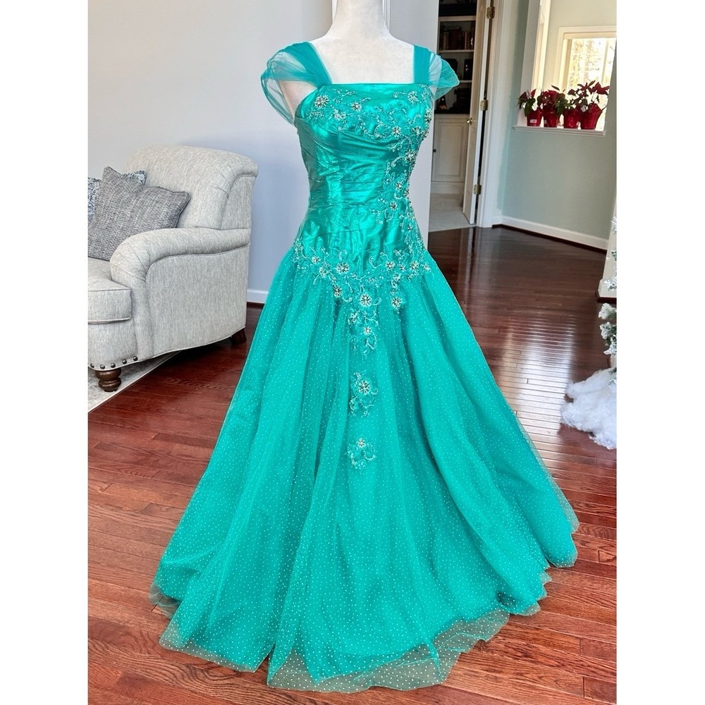 Vintage Luxury Alyce Designs Teal Green Glitter Puffy Tulle Princess Gown Dress - Picture 10 of 12